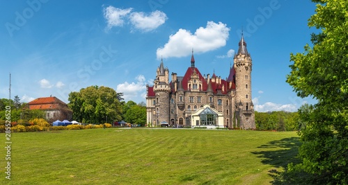 Panorama of Moszna castle in summer sunny day, Poland