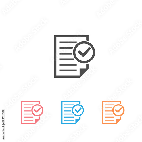 Compliance document icon set in flat style. Approved process vector illustration on white isolated background. Checkmark business