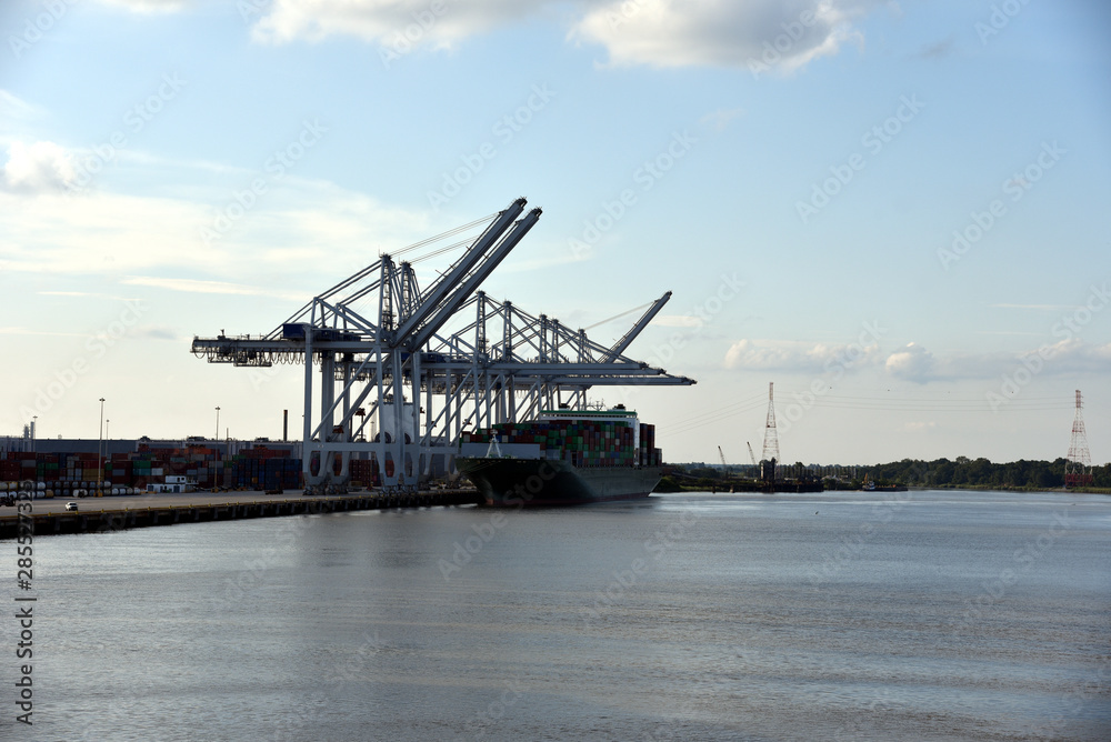 View on the port of Savannah, container vessel during cargo operations. 