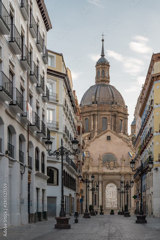 View of Cathedral of Pilar from Alfonso I street in Zaragoza , Spain.