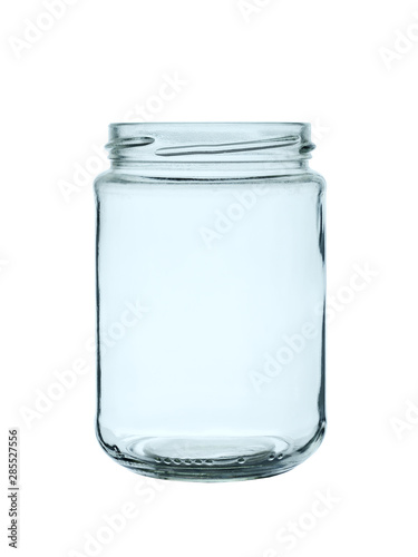 Empty glass can for canned food, isolated on a white background