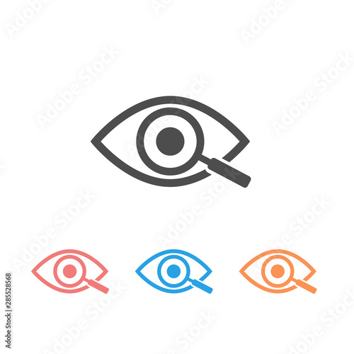 Magnifier with eye outline icon set. Find icon, investigate concept symbol. Eye with magnifying glass. Appearance, aspect, look, view, creative vision icon for web and mobile – stock vector