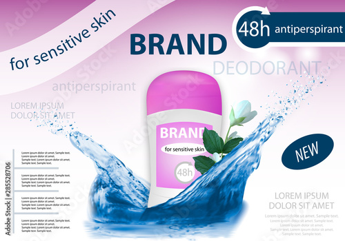 Long-lasting deodorant antiperspirant for woman with flowers jasmine and water splash. Package design or poster, advertising. 3d realistic vector