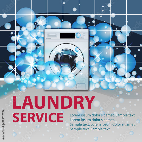 Laundry service banner or poster. Washing machine front loading in empty laundry room background with soap bubbles. 3d realistic vector. Front view, close-up, closed door. photo