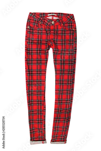 Red checkered pants isolated on white background photo