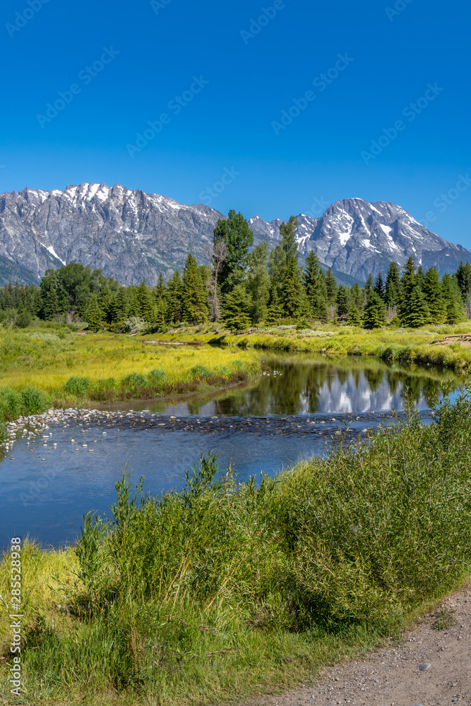 Schwabacher landing with river in the foreground and grand tetons in background