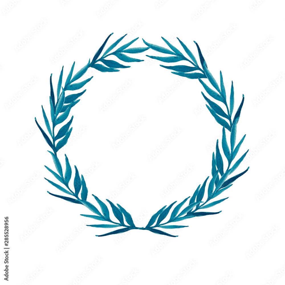 Watercolor hand drawn greenery round frame. Mint, blue tones. Watercolor style save the date card. Mediterranean tree.