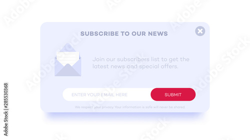 Email subscribe to latest news. Website element with e-mail subscribition form.