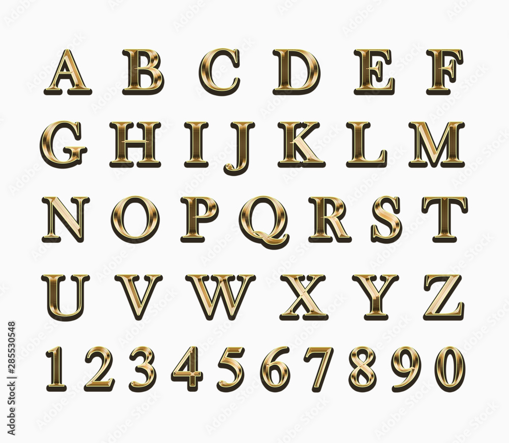 Golden alphabet and numbers on a white background.