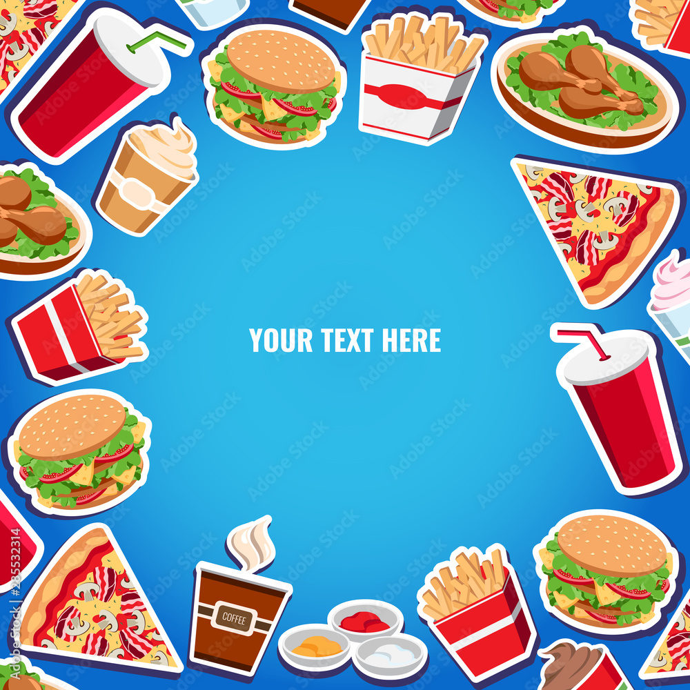 Fast food background flat style for design, banner, menu, card. Vector fast food  background with burger, soda, fries, ice cream and chicken. Stock Vector |  Adobe Stock