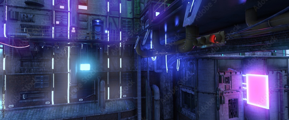 Photorealistic 3d illustration of a futuristic city in a cyberpunk style. Bright neon night. Futuristic industrial cityscape.