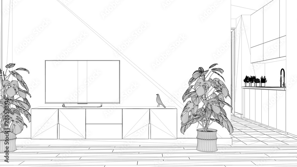 Obraz premium Blueprint project draft, minimalist living room with small kitchen, parquet floor, tv cabinet, potted plant. Scandinavian tiles and decors, architecture interior design concept idea