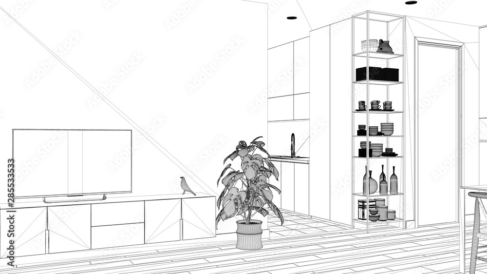 Obraz premium Blueprint project draft, minimalist living room with small kitchen, parquet floor, tv cabinet, potted plant. Scandinavian tiles and decors, architecture interior design concept idea