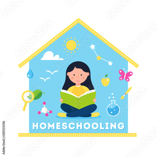 Girl Reading a Book. Homeschooling, Science Learning, Stem and Steam Approach Concept Illustration. Vector Design