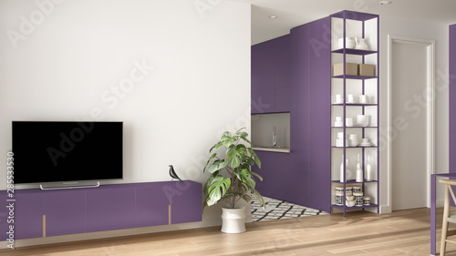Modern violet colored minimalist living room with small kitchen  parquet floor  tv cabinet  potted plant. Scandinavian colored tiles and decors  architecture interior design concept