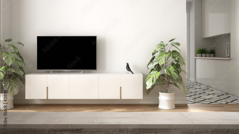 Wooden vintage table top or shelf closeup, zen mood, over contemporary minimalist white and wooden living room with tv cabinet, white architecture interior design