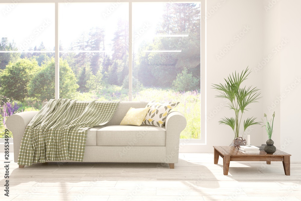 Stylish room in white color with sofa and summer landscape in window. Scandinavian interior design. 3D illustration Stylish room in white color with sofa and summer landscape in window. Scandinavian interior design. 3D illustration