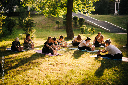 Group of yogini women are stretching muscles in city park on summer sunny morning under guidance of instructor. Group of people are sitting in yoga pose on green grass © dikushin