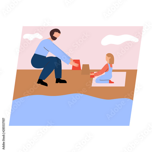 Cute pair of father and daughter spending time together - building sand palace. Happy fatherhood. Flat cartoon vector illustration