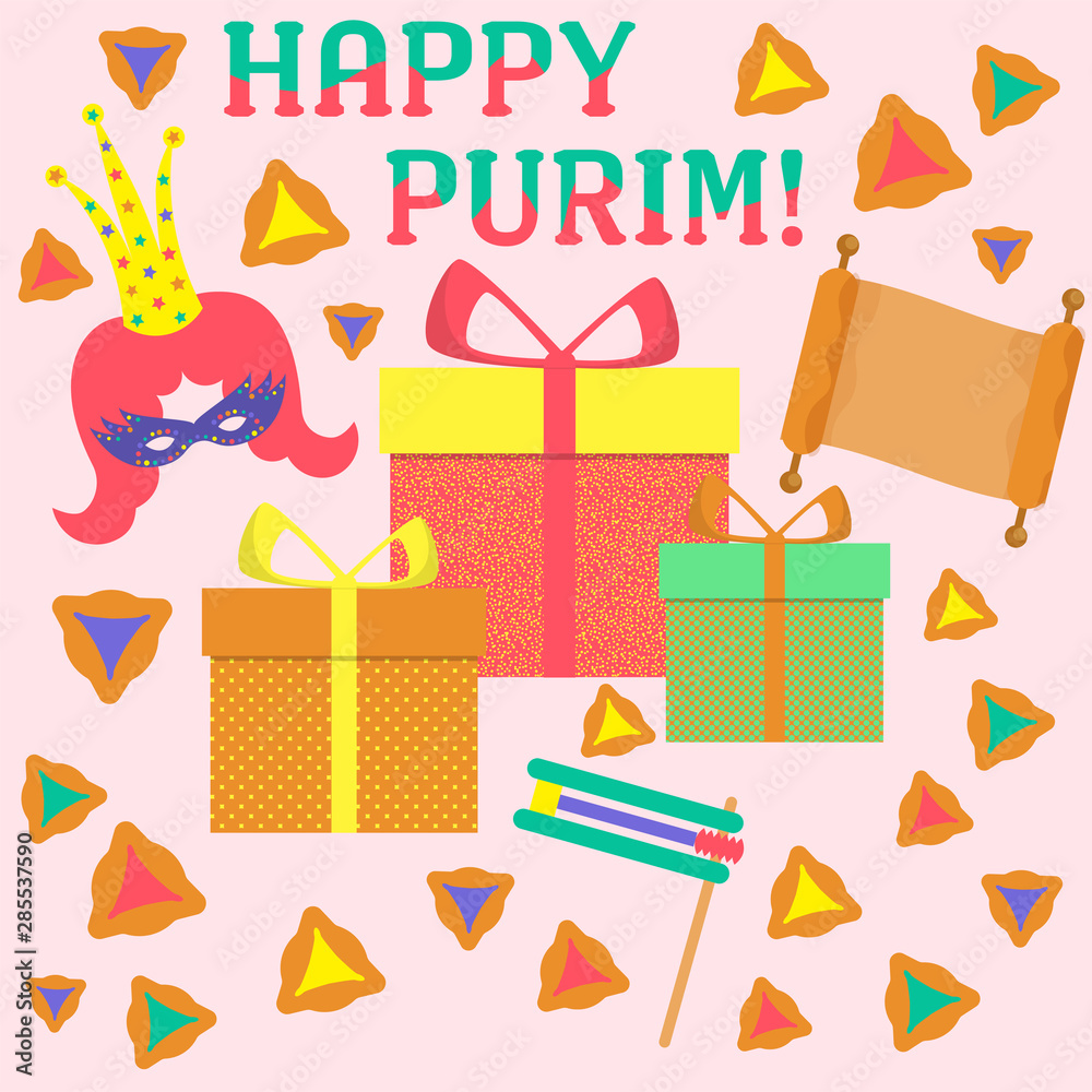 Happy Purim Jewish Holiday greeting card with traditional purim symbols, noisemaker, masque, gragger, hamantaschen cookies, crown, festival decoration, carnival vector. Greeting vector card.