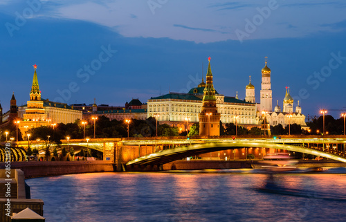 Sightseeing Of Moscow, Russia. The view of Moscow Kremlin and Moscow river. Beautiful night view.