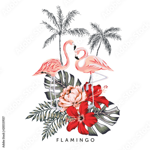 Tropical design with pink flamingo birds, hibiscus flowers, palm leaves, trees, text, white background. T shirt, card, poster template. Vector illustration. Summer beach floral print. Paradise nature