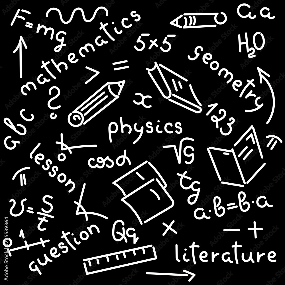 Doodle hand-drawing. Names of school subjects, formulas, books, notebooks, pencils. Background.