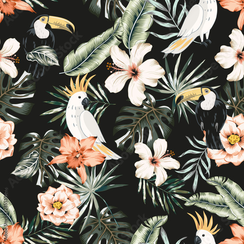 Toucans, parrots, hibiscus, orchid flowers, monstera palm leaves, black background. Vector floral seamless pattern. Tropical illustration. Exotic plants, birds. Summer beach design. Paradise nature