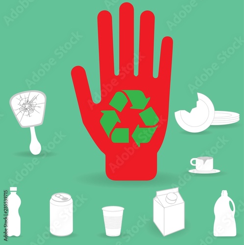 Red hand with recycling symbol on it together with broken mirror, plate and teacup, plastic bottle, aluminium can, plastic cup, milk carton