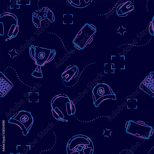 Gaming gadgets seamless pattern in deep blue, outline. Esports, pc and console games, virtual reality themes