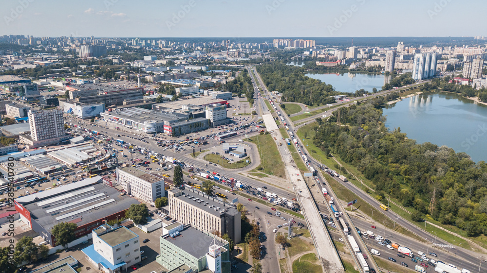 There is an aerial view of traffic jam in the city