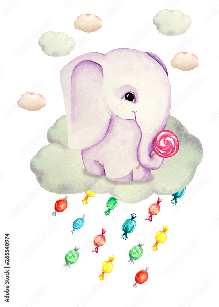 Watercolor illustration of a cute elephant on a cloud. Candy rain. Print for greeting cards, invitations, children's textiles and posters. Watercolor illustration of a cute elephant on a cloud. Candy rain. Print for greeting cards, invitations, children's textiles and posters.