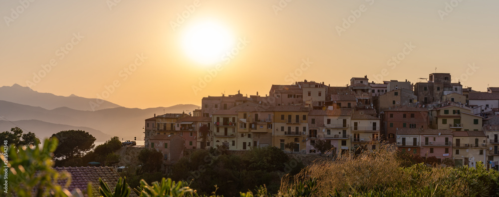 Panoramic view of the city of Capoliveri perched on the mountains of the island of Elba