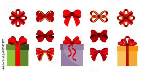 Gift Boxes. Bows. Set Icon. Vector. Flat.