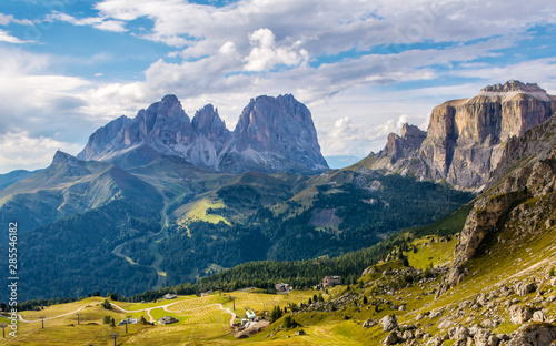Wonderful landscape of  the Dolomites Alps. Majestic Langkofel (Sassolungo) and Sella Ronda. Location: South Tyrol, Dolomites, Italy. Travel in nature. Artistic picture. Beauty world. © olenatur