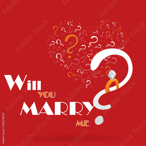 Will you marry me, cartoon drawing card  for web and print. Cute heart of white question signs.