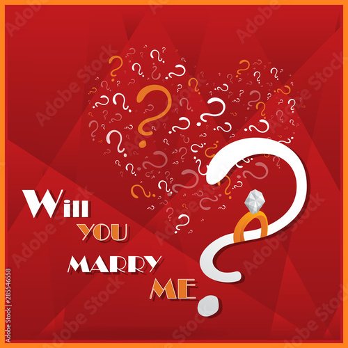 Will you marry me, cartoon drawing card  for web and print. Cute heart of white question signs.