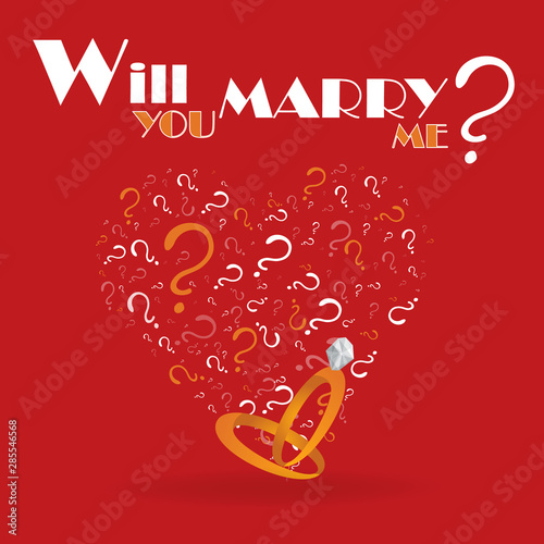 Will you marry me, cartoon drawing card  for web and print. Cute heart of white question signs.