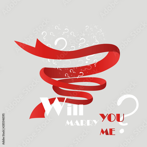 Will you marry me, cartoon drawing card  for web and print. Cute heart of white question signs.