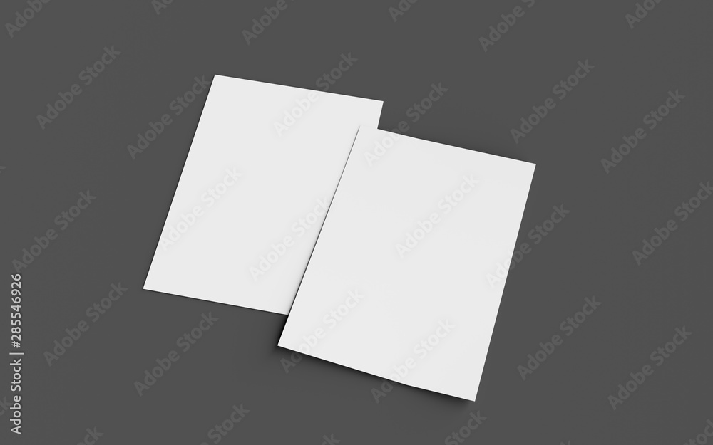 Mockup of two Blank paper on grey background, 3D illustration flyers Mockup of two Blank paper on grey background, 3D illustration flyers