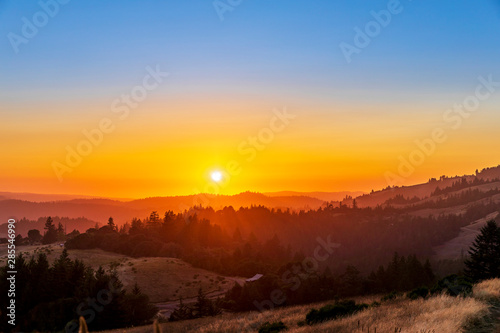 Sunset over Hills, Forests, trees, Countryside, 