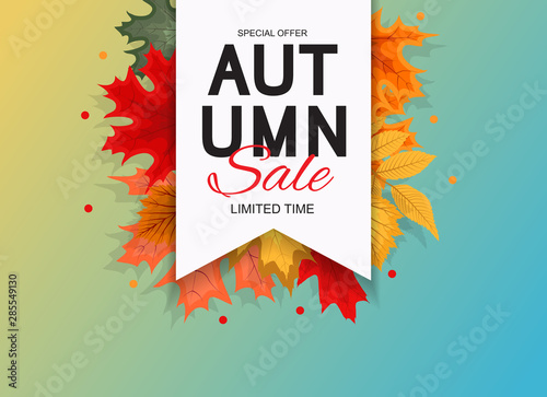 Abstract Vector Illustration Autumn Sale Background with Falling Autumn Leaves