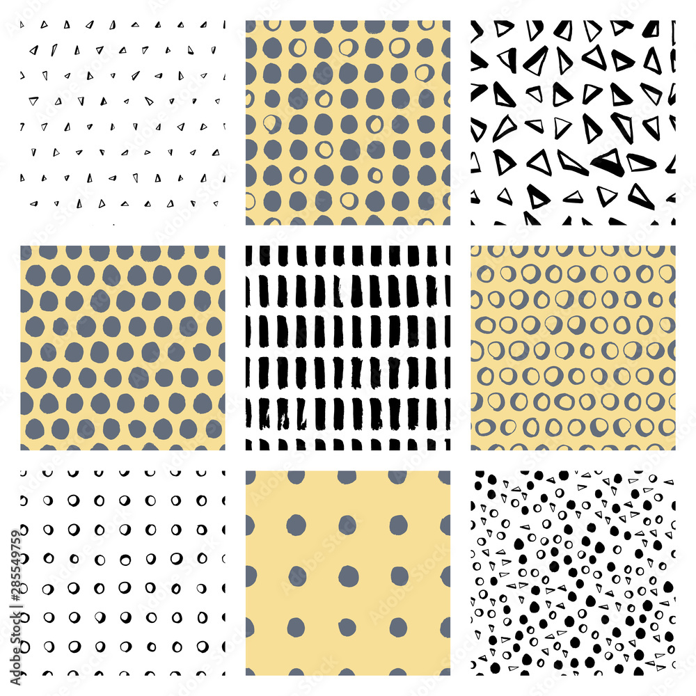 Set of 9 seamless vector patterns. Simple shapes background. Many hand drawn isolated triangles, circles, rings, dots, brushstrokes. Geometric pattern for clothes, prints, fabric, invitations, cards.