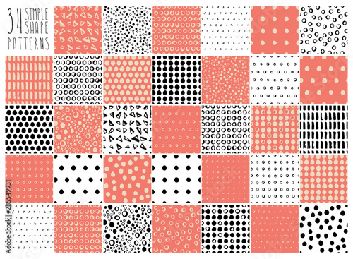Set of 34 seamless vector patterns. Simple shapes background. Many hand drawn isolated triangles, circles, rings, dots, brushstrokes. Geometric pattern for clothes, prints, fabric, invitations, cards