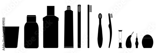 Oral hygiene icons. Dental cleaning kit. Vector set. Manual toothbrush, toothpaste, dental floss, mouthwash, toothbrush for baby, dental cleaner, orthodontic cleaner. Isolated on white background..