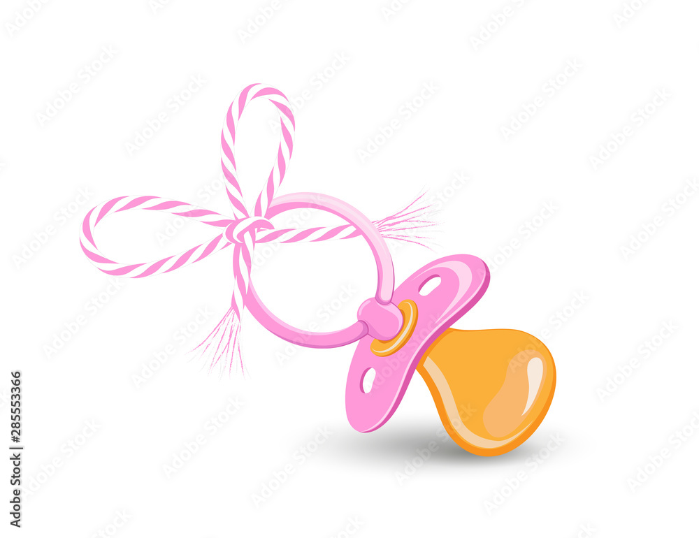 Baby Karte mit Schnuller und Schleife in rosa, Vektor Illustration isoliert auf weißem Hintergrund Baby Karte mit Schnuller und Schleife in rosa, Vektor Illustration isoliert auf weißem Hintergrund