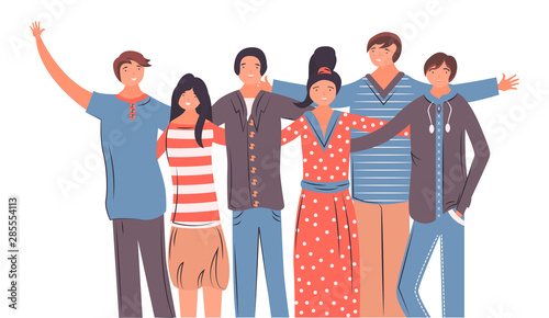 Happy students, school teenagers friends stand together and friendship. Group portrait of smiling teenage boys and girls. Friends teenage boys and girls isolated on white background
