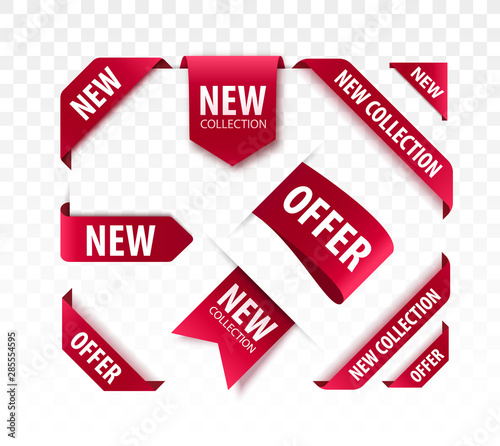 New Collection Tags. Offer stickers. Vector illustration. Red Ribbons for promotion.