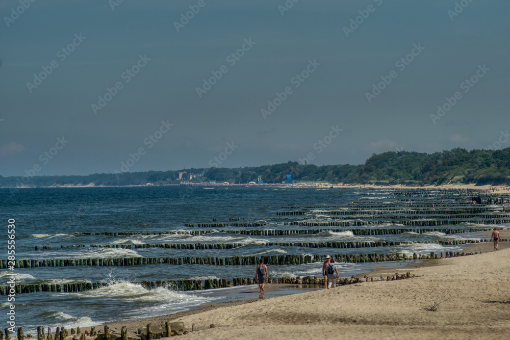 people are walking along the beach, foamed waves break on the wooden breakwaters, sunny weather on the Polish Baltic coast near Kołobrzeg, sandy beaches on the bay and the coast covered with forest