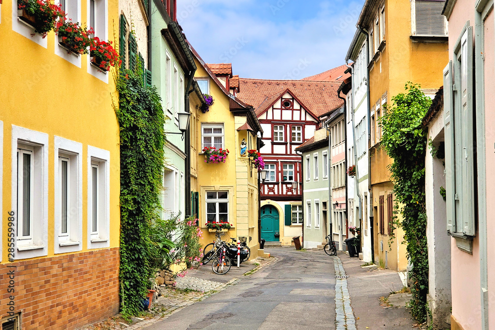 Colorful street of traditional buildings in the Old Town of Bamberg, Bavaria, Germany